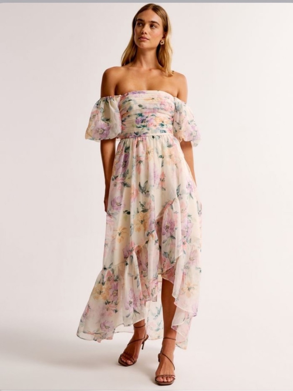 Off-Shoulder Floral High-Low Maxi Dress in Blush Floral